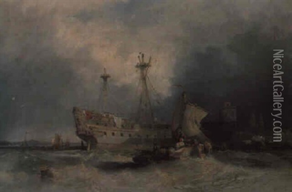 A Market Boat And A Hulk In A Bush Continental Harbour Oil Painting - John Wilson Carmichael