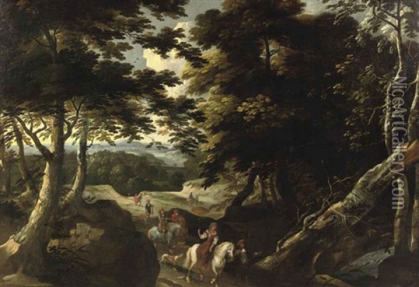 A Forest Landscape With An Elegant Company On A Falcon Hunt Oil Painting - Jacques d' Arthois