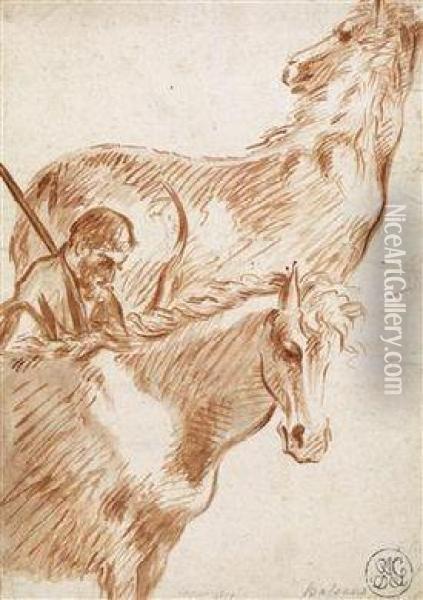 A Shepherd And Two Horses Oil Painting - Antonio Lagorio