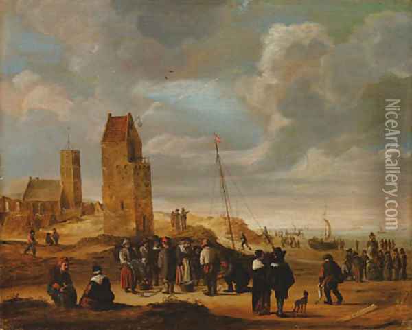A view of Egmond-aan-Zee with fisherfolkthe beach Oil Painting - Cornelis Beelt