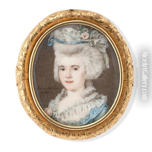A Portrait Miniature Of A Young Lady Wearing A Blue Dress Oil Painting - Daniel Bruyninx
