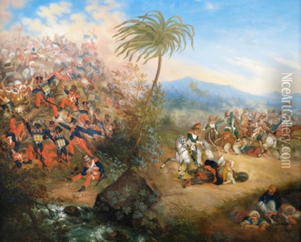Schlacht Zwischen Franzosen Und Orientalen, Wohl Die Schlacht Von Abukir Bei Alexandria 1799 Oil Painting - Karl Wilhelm Von Heideck