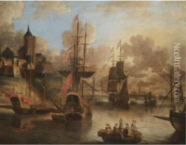 English And Dutch Shipping At Anchor Before An English Fort Oil Painting - Pieter Van Den Velden