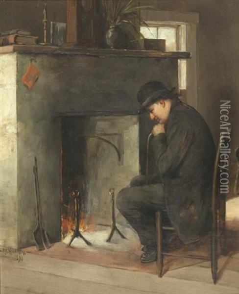 Interior Scene With Man In Top Hat And Overcoat Seated By A Fire Oil Painting - Paul Harney Jr.