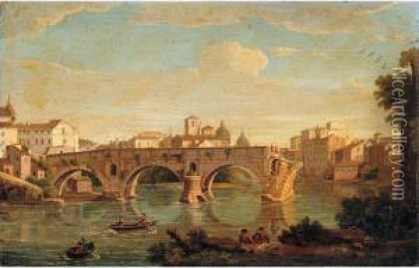 Rome, A View Of The Ponte Rotto With The Basilica Of Saint Peter's In The Distance Oil Painting - Giacomo Van Lint