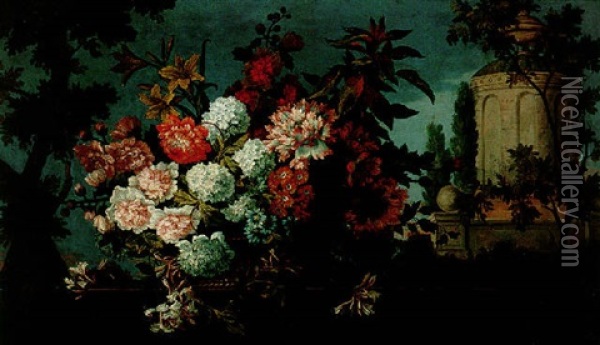 A Still Life Of Flowers In A Basket Resting Upon A Ledge, A Folly And An Ornamental Garden Beyond Oil Painting - Jean-Baptiste Monnoyer