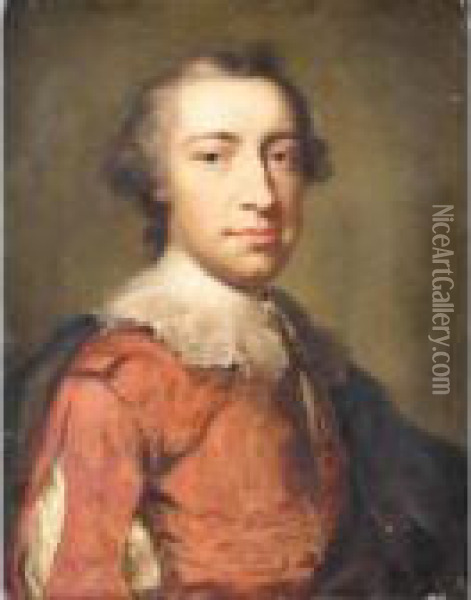 Portrait Of A Gentleman, Half Length, Wearing Red And In 17th Century Costume Oil Painting - Anton Raphael Mengs