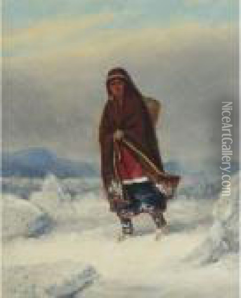 Indian Woman In A Winter Landscape Oil Painting - Cornelius Krieghoff