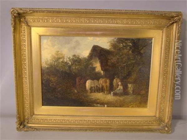 Country Folk With Horses Outside Their Cottage Oil Painting - Edward Robert Smythe