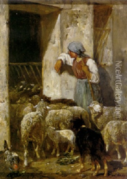 Returning The Flock Oil Painting - Charles Emile Jacque