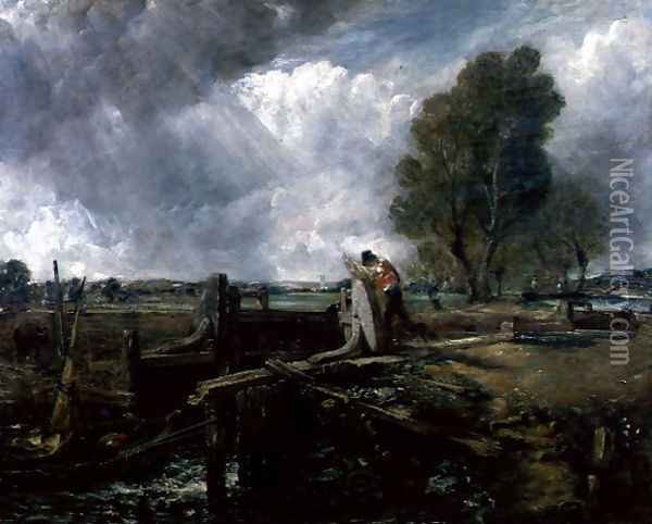 Study of a Boat Passing a Lock, c.1823 Oil Painting - John Constable