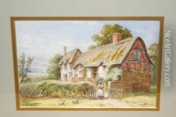 Feeding The Ducks On A Rural Path Beside A Thatched Cottage Oil Painting - Alfred Banner