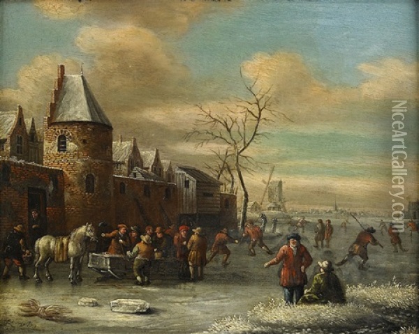 Charriot And Skaters On A Frozen River Oil Painting - Thomas Heeremans