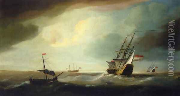 English and Dutch Men of War in a Swell Oil Painting - Thomas Allen