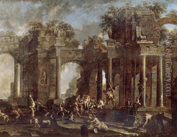 An Architectural Capriccio With A Bacchanalian Scene Oil Painting - Alessandro Magnasco