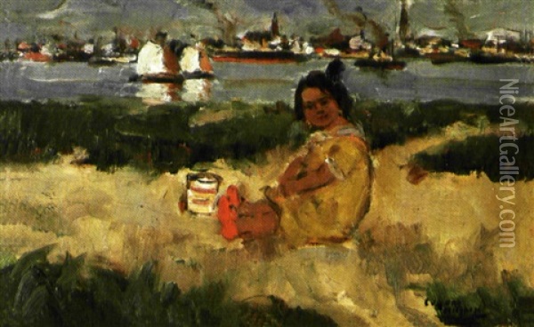 Marieke Op Sint-annastrand Oil Painting - Eugene van Mieghem