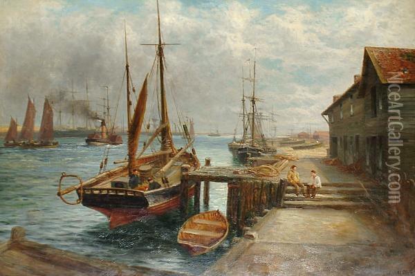 A Tranquil Moment At A Busy Port Oil Painting - Joseph Wrightson McIntyre