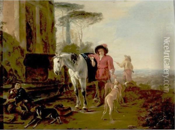 Hunters Resting In A Landscape With A Grey Horse And Hounds Oil Painting - Dirck Willemsz. Stoop