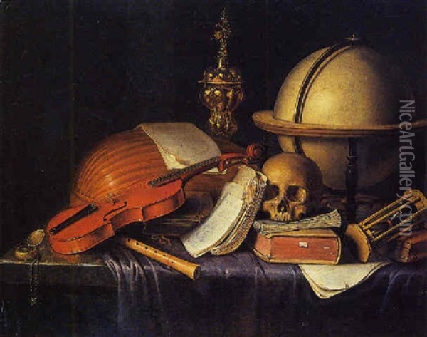 Nature Morte Aux Instruments De Musique Et A La Mappemonde Oil Painting - Edward Collier