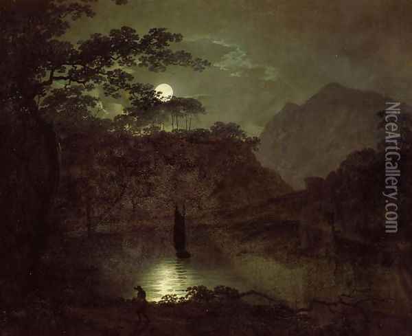 A Lake by Moonlight, c.1780-82 Oil Painting - Josepf Wright Of Derby