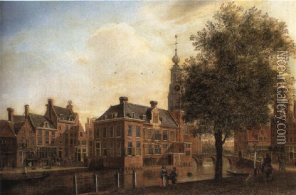 View Of The Munt Tower And The Doelensluis On The Singel Oil Painting - Jan Ekels the Younger