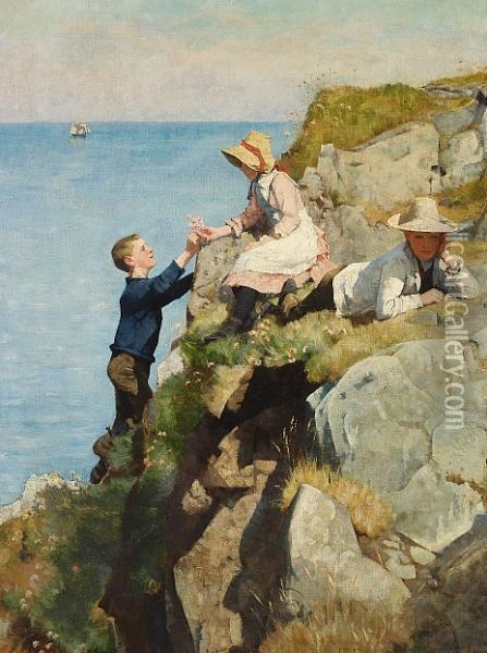 Children On The Cliffs Of The Cornish Coast On A Summer's Day Oil Painting - Frank Wright Bourdillon