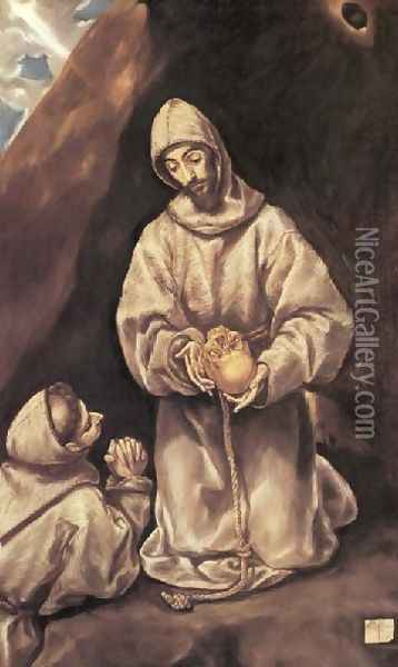 St Francis and Brother Leo Meditating on Death 1600-02 Oil Painting - El Greco (Domenikos Theotokopoulos)