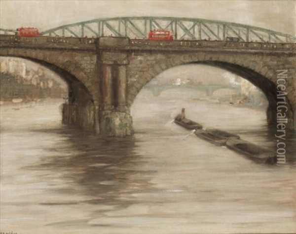Buses Crossing Blackfriar's Bridge, London Oil Painting - Franz Melchers