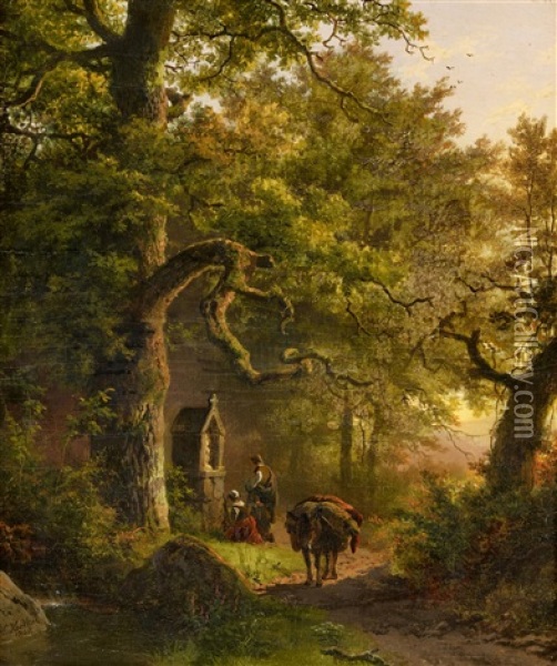 Wooded Landscape With A Wayside Shrine Oil Painting - Barend Cornelis Koekkoek