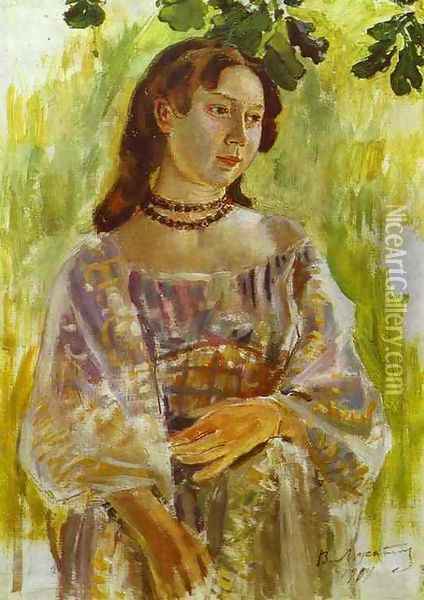 Young Girl with a Necklace, (study) 1904 Oil Painting - Viktor Elpidiforovich Borisov-Musatov