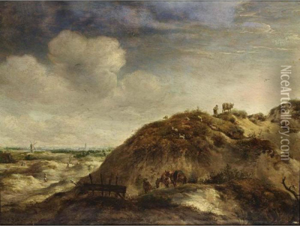 A Dune Landscape With A 
Traveller And Two Donkeys On A Path, A Shepherd And His Herd, Together 
With Other Figures, A City In The Distance Oil Painting - Jan Wouwerman