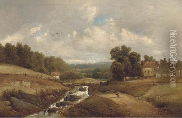 Figure On A Track By A Brook, With Buildings Beyond Oil Painting - A.H. Vickers