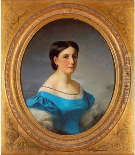 Femme A La Robe Bleue Oil Painting - Jules Louis Machard