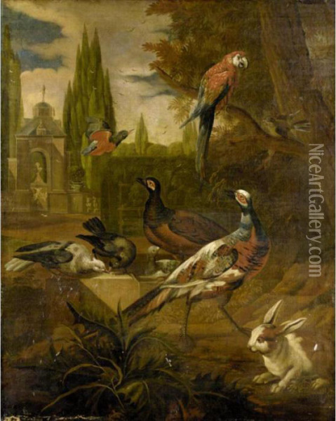 Still Life With Pheasants, 
Doves, A Parrot, A Kingfisher And A Rabbit In A Parkland Landscape Oil Painting - Pieter III Casteels