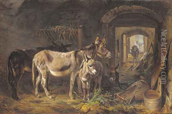 Donkeys in a stable interior Oil Painting - Benno Adam