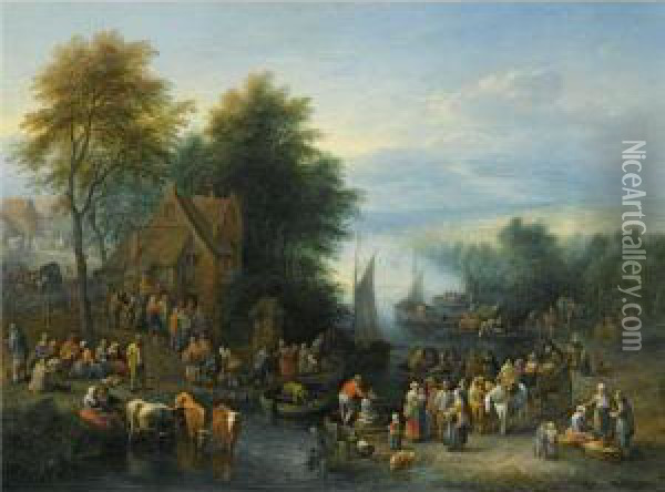 A River Landscape With Figures 
By A Ferry, Other Figures Seated Onthe Banks Of The River, With Their 
Cattle In The Water Oil Painting - Theobald Michau