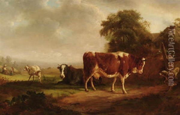 Auf Der Weide - Kuhe Und Ziege Mit Hutehund Vor Einem Gehoft Oil Painting - Jacques Raymond Brascassat