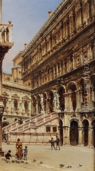 L'escalier Des Geants Dans La Cour Du Palais Des Doges Oil Painting - Giovanni Grubas