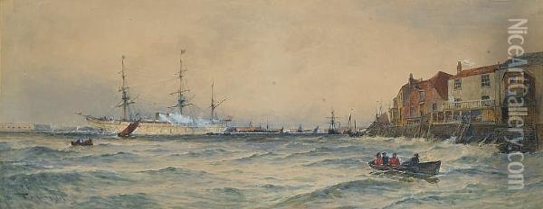 'h.m.s. 'orontes' Leaving Portsmouth With Troops For The East Oil Painting - Thomas Bush Hardy