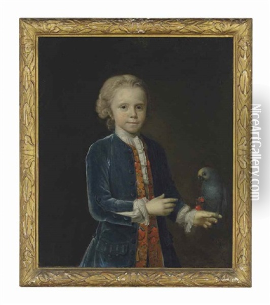 Portrait Of A Boy, Three-quarter-length, In A Blue Velvet Coat And Embroidered Waistcoat, With A Parrot Resting On His Left Hand Oil Painting - Richard Van Bleek