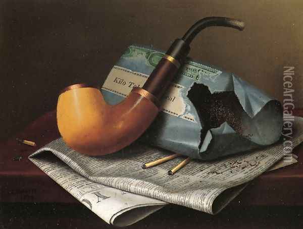 Still Life with Pipe, Newspaper and Tobacco Pouch Oil Painting - William Michael Harnett