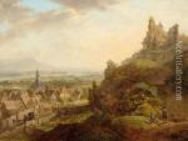 View Of Oppenheim Along The Rhine Seen From Pilgersberg. Oil Painting - Christian Georg Schuttz II