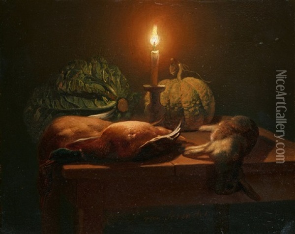 Still Life With Ducks, Rabbit, Pumpkin, And Cabbage By Candlelight Oil Painting - Petrus van Schendel