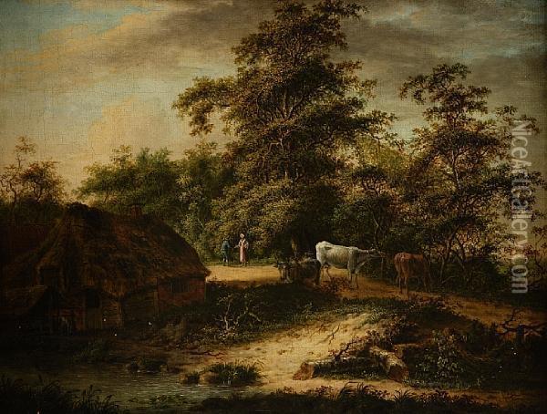 Cottage, Cattle And Figures Oil Painting - Alexander Nasmyth