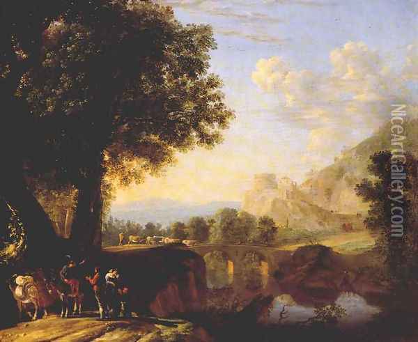Italian Landscape with Bridge and Castle 1640s Oil Painting - Herman Van Swanevelt