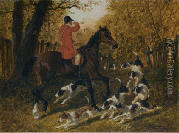 A Hunstman Recalling The Hounds Oil Painting - John Frederick Herring Snr