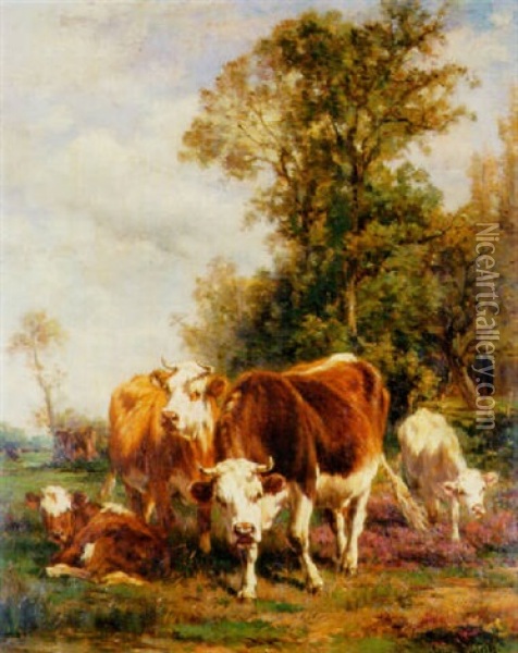 Cows In A Landscape Oil Painting - Marie Dieterle