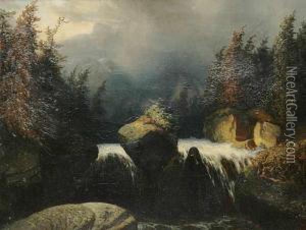 A Mountain Landscape With A Waterfall Oil Painting - August Bedrich Piepenhagen