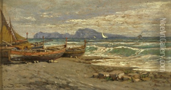Fischerboote Am Strand Vom Golf Von Neapel, Im Hintergrund Capri Oil Painting - Giuseppe Carelli