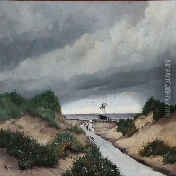Beach Scene With A Sailing Ships Near The Coast Oil Painting - Oscar Herschend